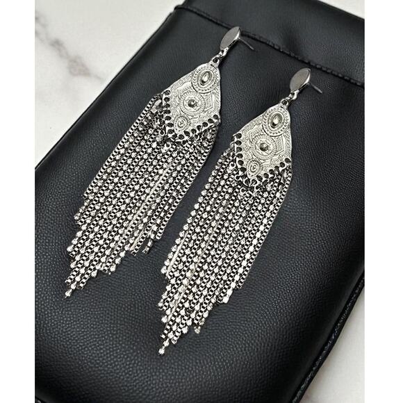 Silver Boho Tassel Fringe Rhinestone Earrings Long Dangles - Picture 3 of 8